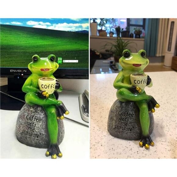 Frog Statue for Garden, Drinking Coffee Green Frog Figurine for Outdoor Decor - Picture 6 of 7